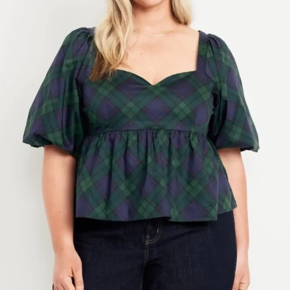 Old Navy green plaid Puff-Sleeve Plaid Poplin Peplum Top